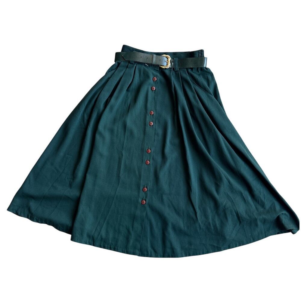 Vintage Forest Green Midi Skirt Belt Size 8 Made in USA